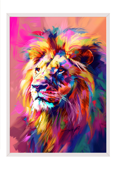 Zestia Tablou înrămat alb, portret colorat cu leu, poster decorativ pentru su...