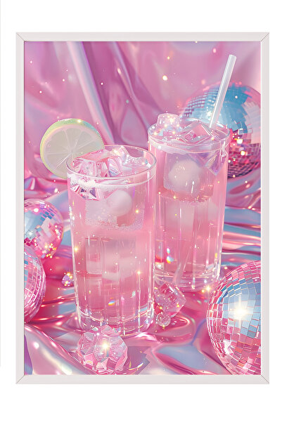 Zestia Beyaz Çerçeveli Tablo, Pembe İçecek Bardakları, Mutfak Dekoru Poster N...