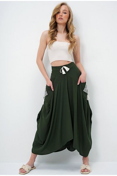 Vale Women's Side Embroidered, Green with Pockets, Shalwar Skirt