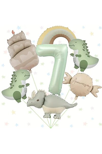 DÜVENCİ TİCARET 7 Parça Mat Dinozor Pasta Şekilli Gökkuşağı Numara 1~9 Balon ...