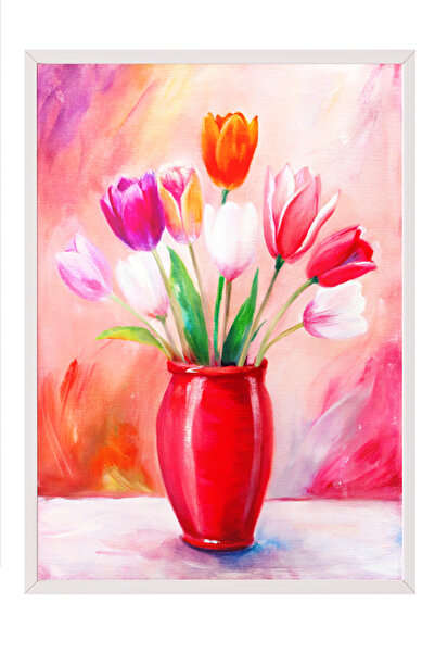 Zestia Tablou în ramă albă, Lalele în vază roșie, Poster decorativ pentru suf...