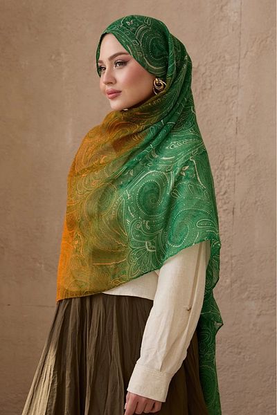 Merve Nayir Imported Cotton Ethnic Pattern Colorful Shawl Green