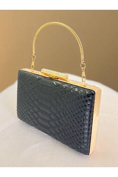 Biçanta Black Color Anaconda Patterned Matte Stylish and Luxurious Women's Evening Dress Bag Wedding Engagement