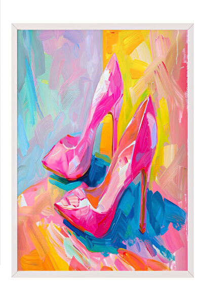 Zestia Tablou înrămat alb, pantofi cu toc în tonuri pastelate, poster decorat...