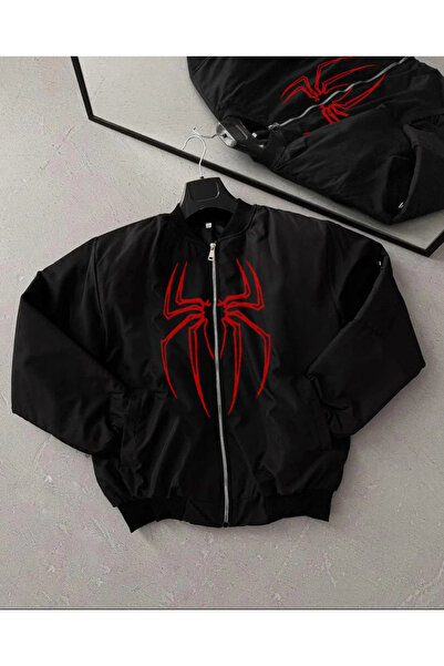 Genel Markalar Örümcek Desenli Siyah Bomber Mont – Unisex Kullanıma Uygun, Fe...
