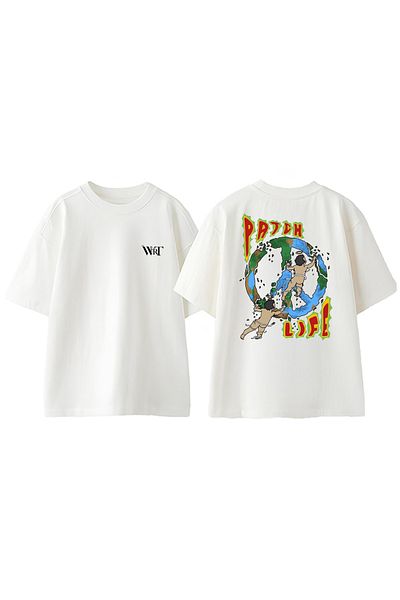 THEWERT Patch Life Design Tricou oversize alb din bumbac cu imprimeu pe spate