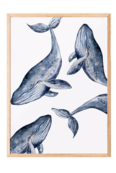 Zestia Tablou cu ramă din lemn, ilustrație cu balene, poster decorativ pentru...