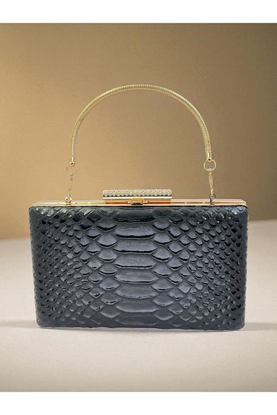 Biçanta Black Color Anaconda Patterned Matte Stylish and Luxurious Women's Evening Dress Bag Wedding Engagement