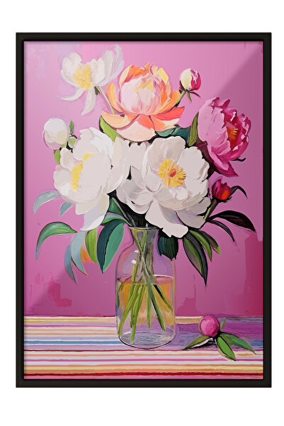 Zestia Πίνακας με μαύρο πλαίσιο, Εικονογράφηση ροζ λουλουδιών, Διακοσμητική α...
