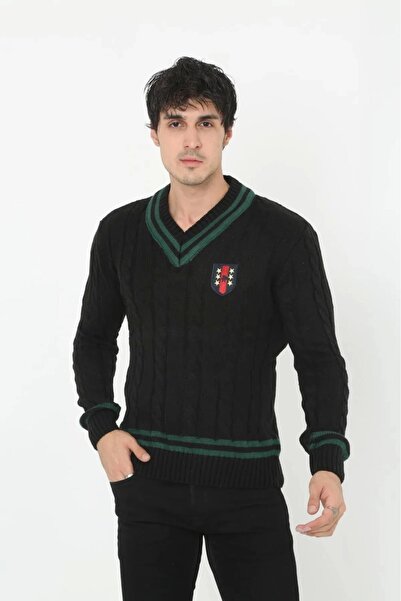 Exbob Men's V-Neck Braided Sweater - Black