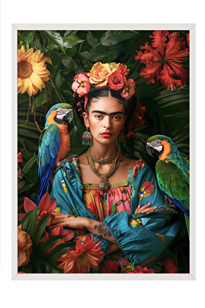 Zestia Beyaz Çerçeveli Tablo, Frida Kahlo Portre, Salon Dekoru Poster No: 112021