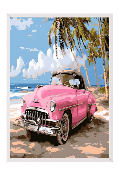 Zestia Πίνακας με λευκό πλαίσιο, Ροζ Κλασικό Τοπίο Αυτοκινήτου, Διακόσμηση Σα...
