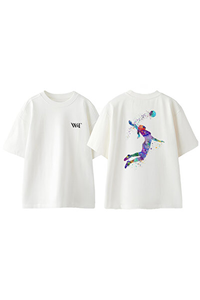 THEWERT Tricou oversize alb din bumbac cu imprimeu pe spate Volei 5 Design