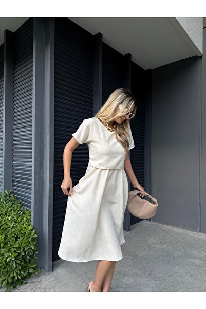 Afiş Butik Stone Color Blouse Skirt Look Linen Dress with Pockets