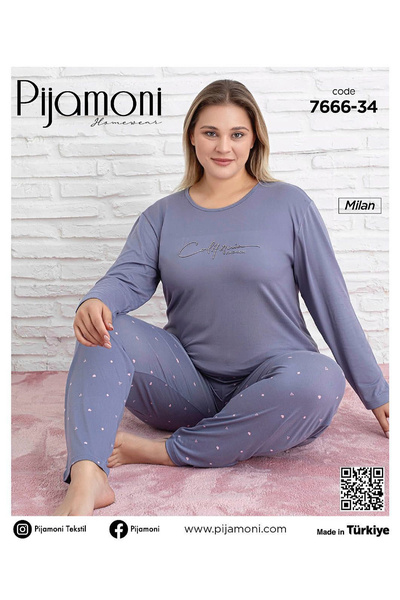 Pijamoni Büyük Beden Bambu Milan Kumaş Lila Renkli Sıfır Yaka Uzun Kollu Kadı...