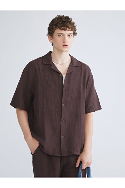 LC Waikiki Bordo Rahat Kalıp Resort Yaka Kısa Kollu Müslin Erkek Gömlek