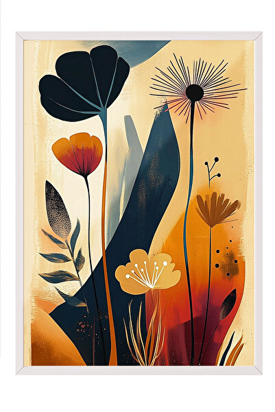 Zestia Πίνακας με λευκό πλαίσιο, Μαύρα πορτοκαλί λουλούδια, Διακόσμηση σαλονι...