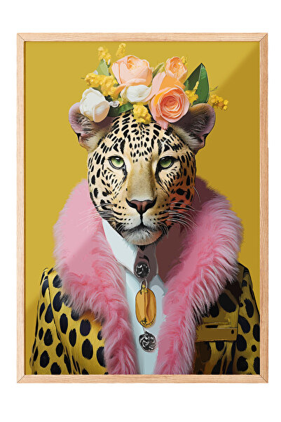 Zestia Εικόνα με ξύλινο πλαίσιο, Πορτρέτο λεοπάρδαλης με λουλούδια, Διακοσμητ...