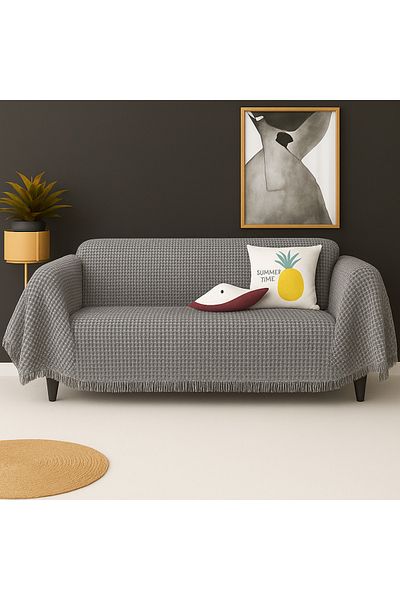 Rell Home Cotton Textured Sofa Shawl 170X350 cm Battal Size – Fringed Tv Blanket & Decorative Sofa Cover