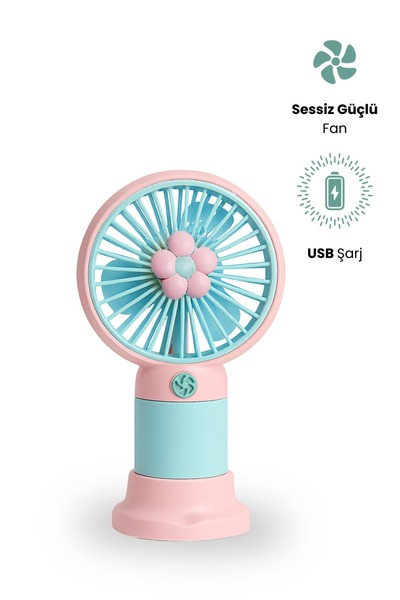 MetaForce Mini Fan Şarjlı Soğutucu Taşınabilir El Vantilatörü Telefon Standı Çiçekli USB Mini Fan Hediyelik