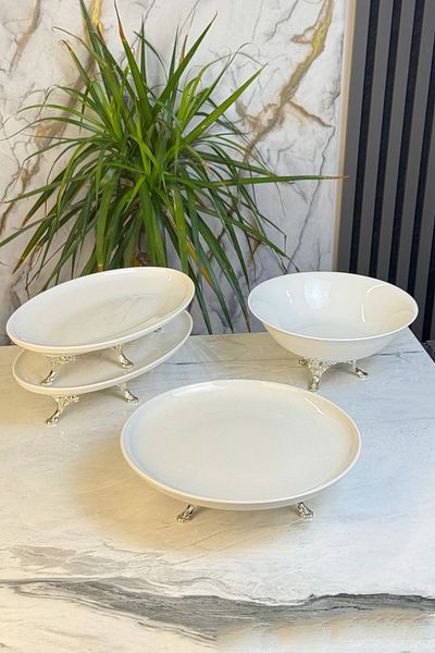 MAY HOME 4 Piece Porcelain Presentation Set & Metal Leg Bowl Boat Plate Serving Set