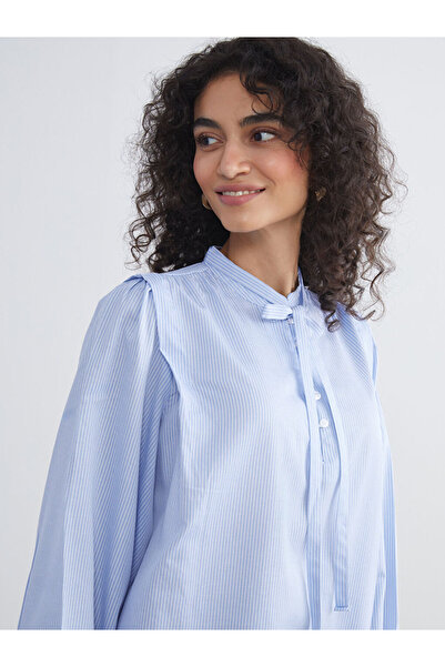 LC Waikiki Blue Tie Collar Striped Oversize Women's Shirt Tunic