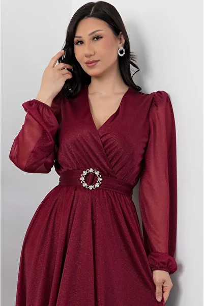 Afiş Butik Burgundy Double Breasted Collar Glitter Tulle Dress