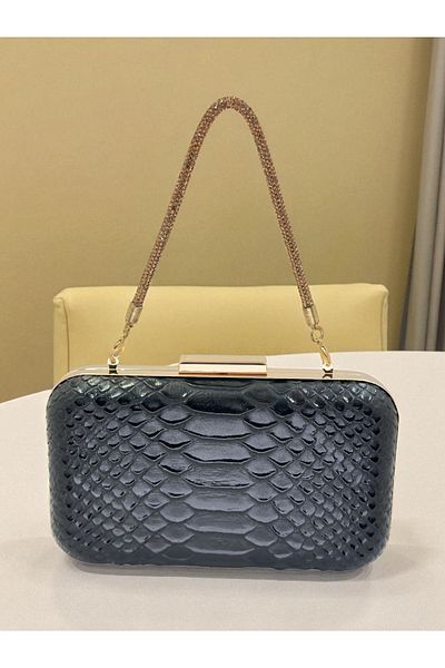 Biçanta Black Color Anaconda Patterned Matte Stylish and Luxurious Women's Evening Dress Bag Wedding Engagement
