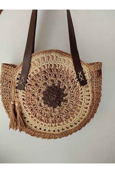 zümal tekstil tasarım Design Hand Knitted Paper Rope Leather Strap Oval Women's Shoulder and Hand Bag (Medium Size)