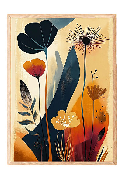 Zestia Εικόνα με ξύλινο πλαίσιο, Μαύρα Πορτοκαλί Λουλούδια, Διακόσμηση Σαλονι...