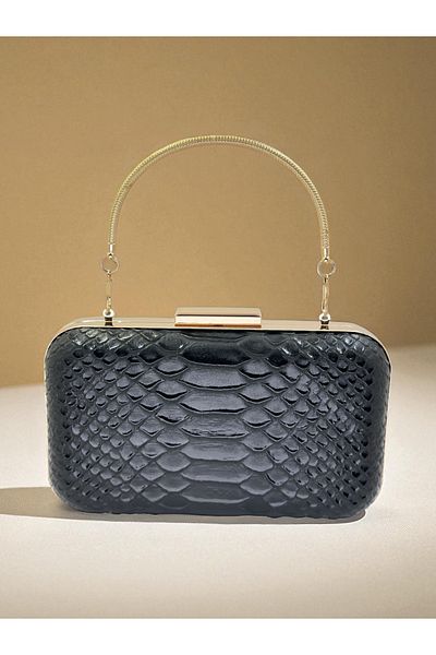 Biçanta Black Color Anaconda Patterned Matte Stylish and Luxurious Women's Evening Dress Bag Wedding Engagement