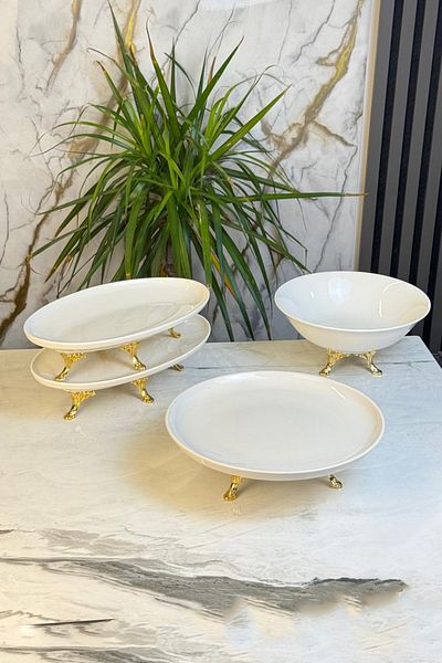 MAY HOME 4 Piece Porcelain Presentation Set & Metal Leg Bowl Boat Plate Serving Set