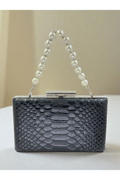 Biçanta Black Color Anaconda Patterned Matte Stylish and Luxurious Women's Evening Dress Bag Wedding Engagement