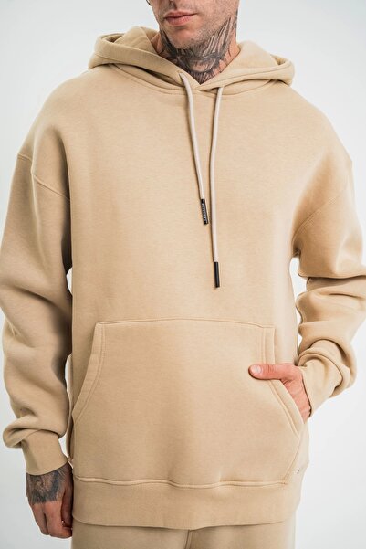 Exbob    Unisex Double Oversize Hooded Basic Sweatshirt - Beige