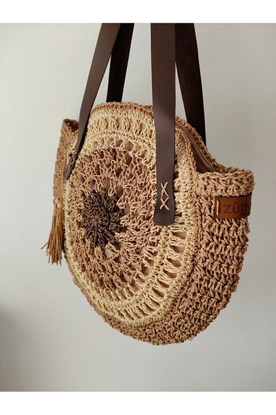 zümal tekstil tasarım Design Hand Knitted Paper Rope Leather Strap Oval Women's Shoulder and Hand Bag (Medium Size)