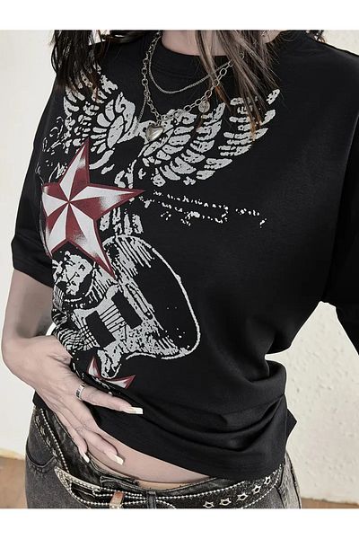 Touz Moda Star Punk Paint Printed Unisex Oversize T-Shirt
