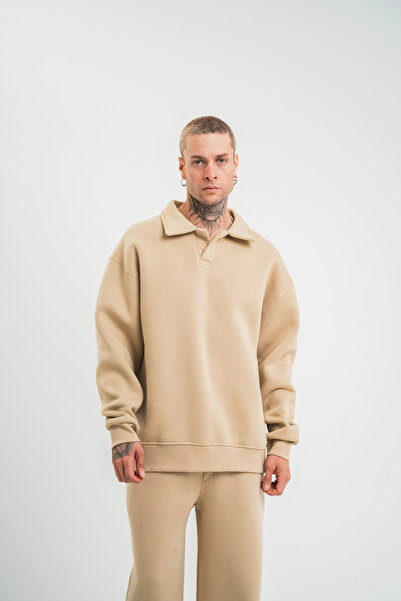 Genel satış    Unisex Double Oversize Placket Collar Sweatshirt - Beige