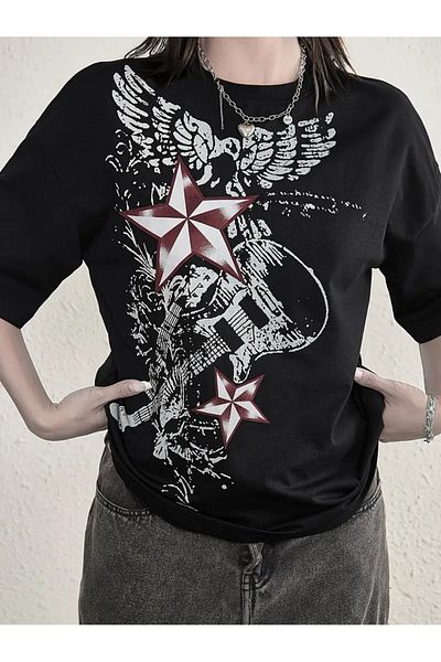 Touz Moda Star Punk Paint Printed Unisex Oversize T-Shirt