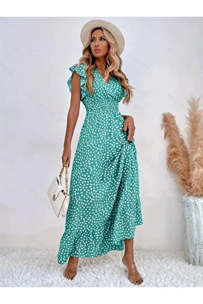 trovexa Women Short Sleeve Double Breasted Lapel Elastic Waist Floral Print Dress