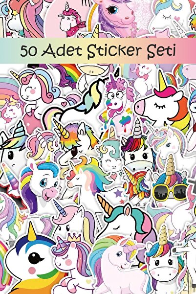 Grafikup 50 Adet Sticker Seti - Sevimli Boynuzlu At Kalem Laptop Defter Suluk...