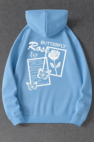 CLASSY.MODA Hooded Oversize 3 Thread Butterfly and Rose Printed Sweatshirt
