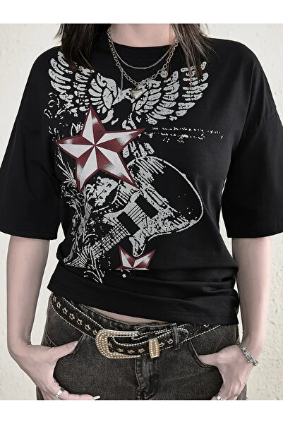 Touz Moda Star Punk Paint Printed Unisex Oversize T-Shirt