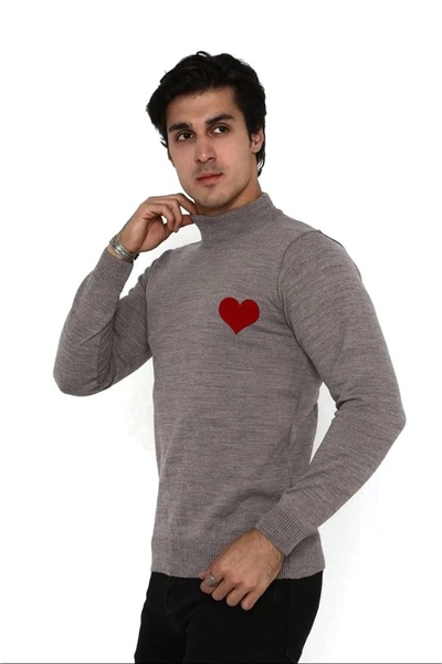 Generic Brand Men's Half-Turtleneck Sweater Heart Printed Woven Knitwear - Mink