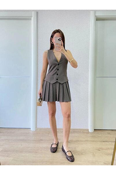 ELLA Linen Suit Look Mini Dress with Button Detail Vest - Claret Red