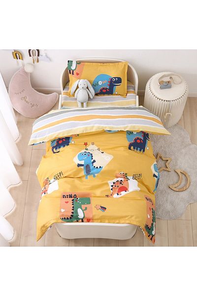 Lucmark Set lenjerie de pat pentru copii, Lucmark, 3 piese, Bumbac, Model dinozauri - galben, M