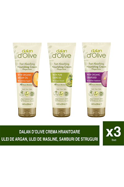 Dalan d’Olive – Set 3 Bucăți Cremă de Mâini 250 ml – Ulei de Măsline, Argan, Struguri