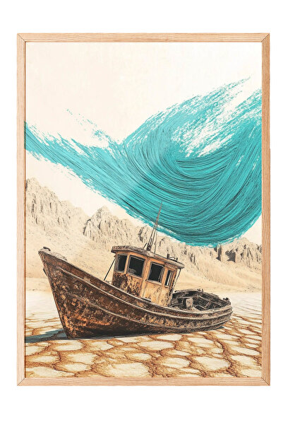 Zestia Tablou cu ramă din lemn, val marin și barcă în stil antic, poster deco...
