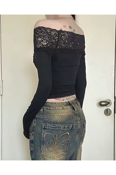 Touz Streetwear Printed Lace Black Long Sleeve Blouse