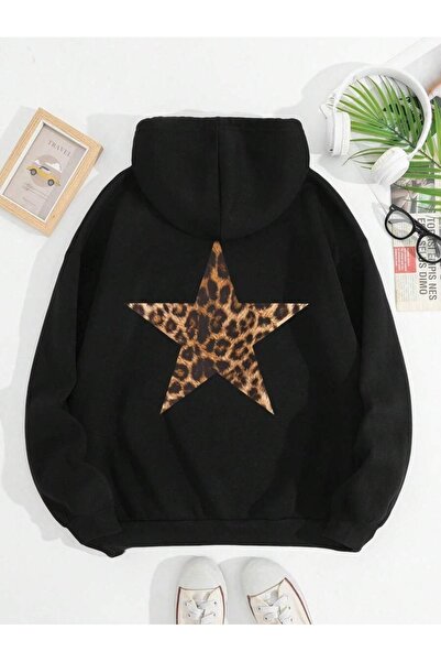 Josette Leopar Yıldız Baskılı Kapüşonlu Oversize Sweatshirt
