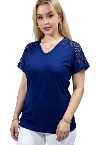 Bİ.GİYSEN Women's Navy Blue Large Size V-Neck Shoulder and Pocket Laced Lycra Buluz